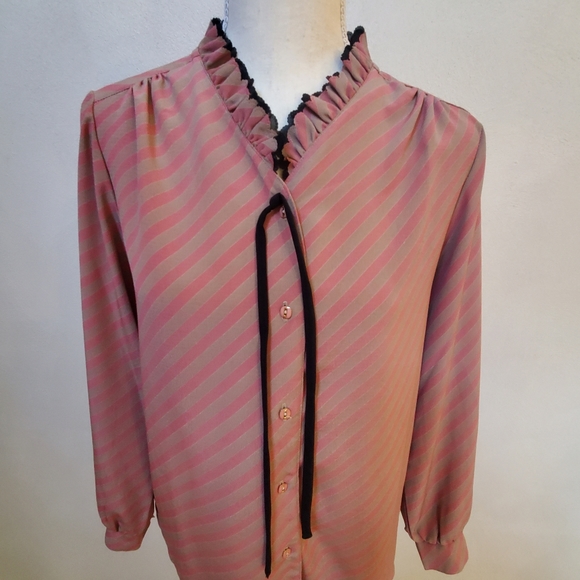 Vintage pink and tan button-up striped blouse shirt with black trim on collar -M - Picture 7 of 12